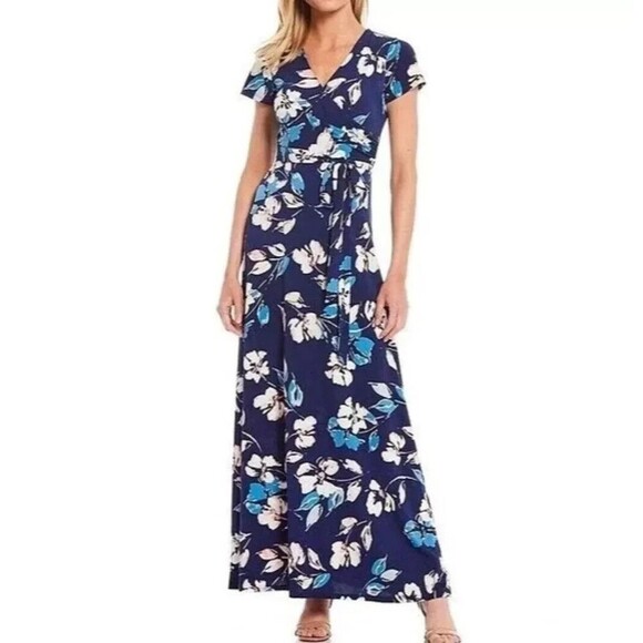 Eliza J Maxi Dress Sz 6 Faux Wrap Long Jersey Stretch Blue Floral Short Sleeve - Picture 3 of 15